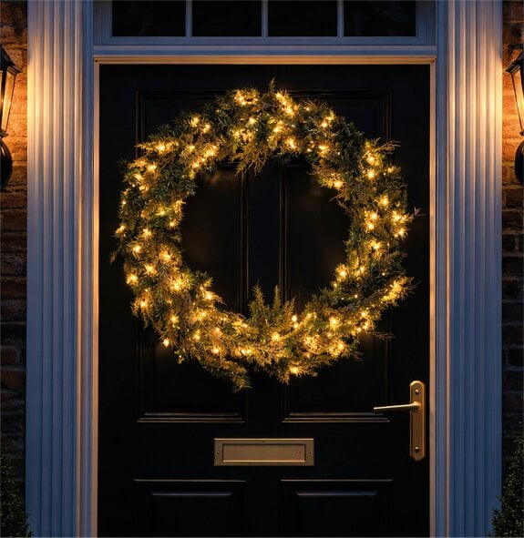 Scotts of Stow Xmas Haus White LED Wreath Outdoor Christmas Decoration with Timer