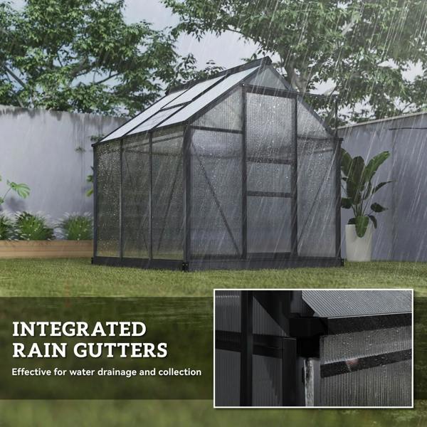 Grey polycarbonate greenhouse with integrated rain gutters along roof edges
