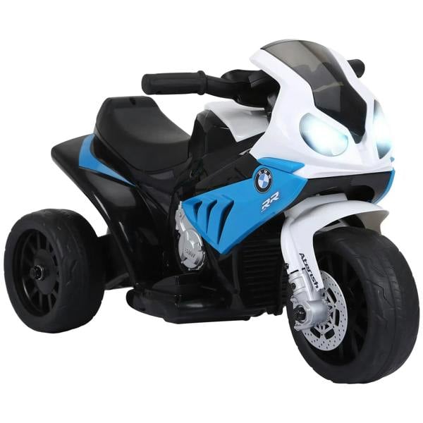 Kids electric ride-on motorbike with BMW logo, blue and black, front headlights on
