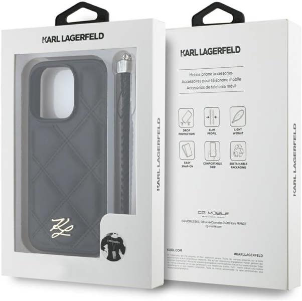 Karl Lagerfeld Quilted Initial Logo with Chain Strap Case for iPhone 16 Pro 6.3" Black - KLHCP16LPSQSKLSMSK