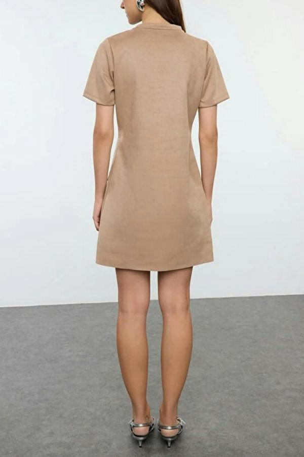 WOVCOR Crew Neck Mini Suede Knit Dress with Stone Detail