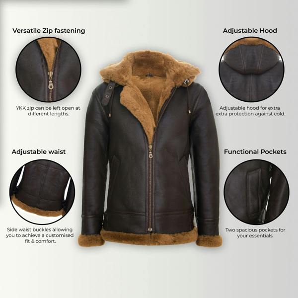 Infinity Leather Mens Hooded Sheepskin Leather B3 Flying Jacket-Harwich
