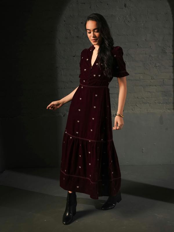 Rose & Nancy Sara Burgundy Heart Embroidered Velvet Dress
