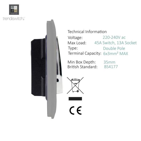 Trendi Switch 45 Amp Cooker Switch & 13 Amp Plug Socket with Neon in Light Grey
