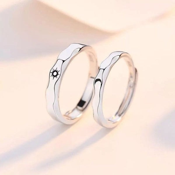 The Colourful Aura Slim Wave Couple Sun Moon Matching Promise Ring Set