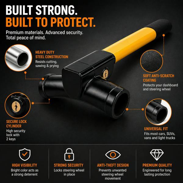 KAV Yellow T Bar Steering Wheel Lock High-Vis Anti Theft Car Van Caravan Security Lock with 2 Keys Heavy Duty Steel Crook Lock Universal Easy Install
