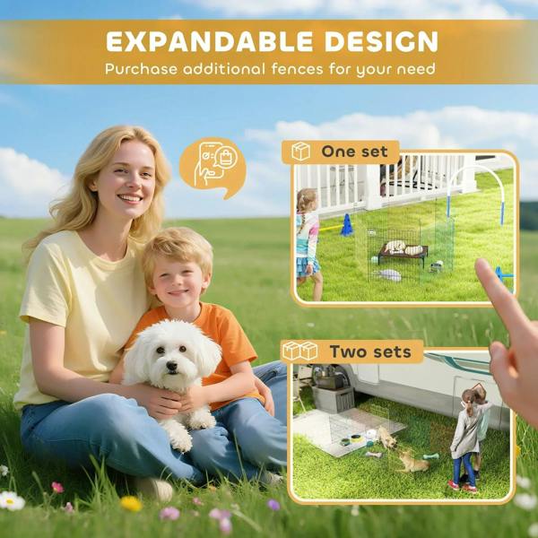 Expandable multi-panel pet playpen crate with door, set-up shown with pets