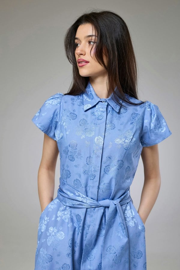 Isha's Timeless collection Sky Blue Petals Short Sleeve Shirt Dress