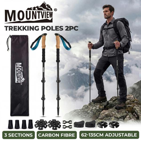 Mountview Trekking Poles Carbon Fibe Lightweight Hiking Sticks 2PC Black