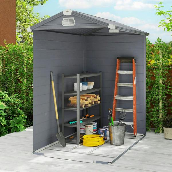 Grey plastic wall shed with open door, built-in shelves, and garden tools