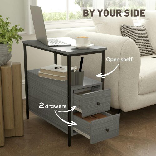 Wyld Haus Loto Wooden Grey Wood Effect Narrow Bedside Table With 2 Drawers And Top Shelf