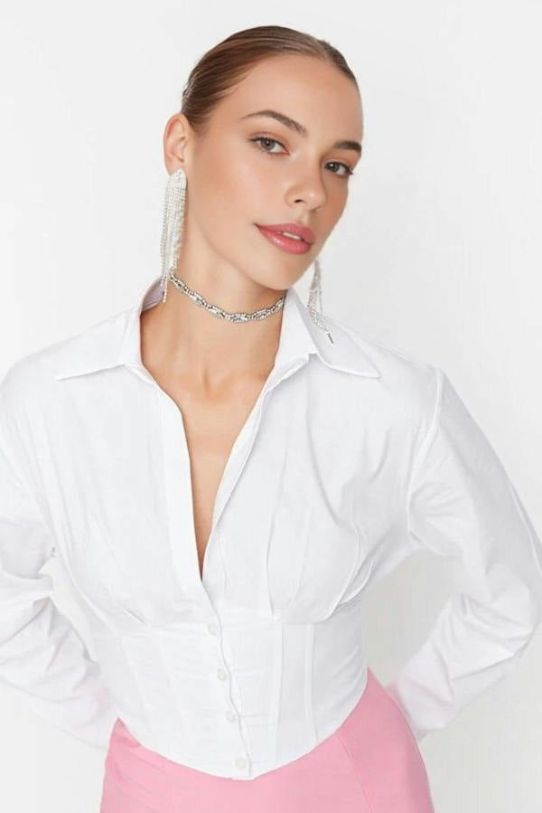 WOVCOR Crop Woven Poplin Shirt with Corset Detail