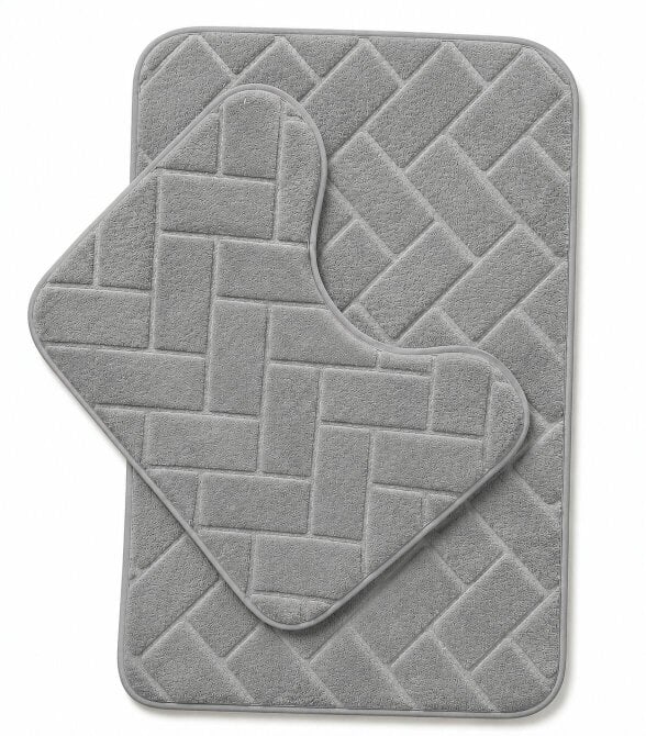Night Zone Memory Foam Bath Mat Set – Block Bricks Design Non-Slip Bathroom Rug - Silver