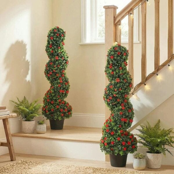 Decorative Artificial Plants Set of 2, UV Resistant Fake Plants in Pot for Indoor Outdoor Decor, 90cm, Red - Red