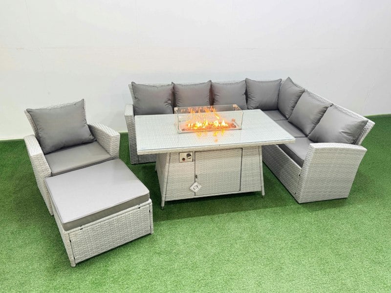 Fimous 8 Seat Rattan Garden Furniture Corner Sofa Set Outdoor Gas Fire Pit Table Set with Big Footstool Light Grey