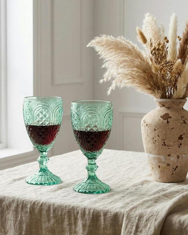 Set of green patterned glass goblets on a white surface with a blurred book in the background.