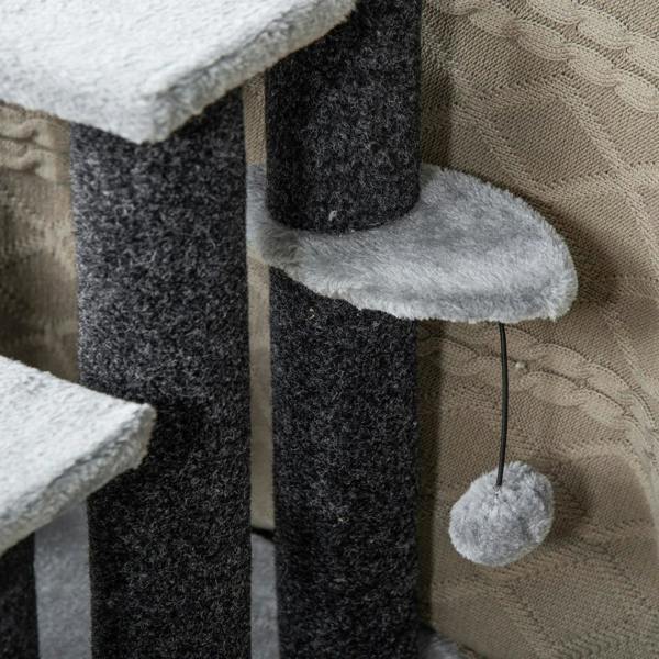 Grey plush scratching post and step with hanging pom-pom ball toy