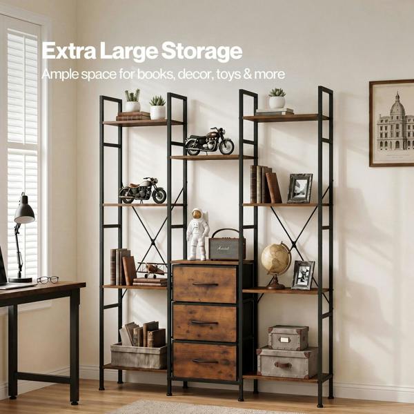 Levede Book Shelves 10 Open 3 Fabric Drawers Tall Storage Unit for Office Brown