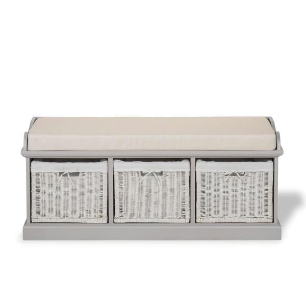 Statement Furniture Tetbury Bench with 3 White Wicker Baskets and Cushion, Assembled Hallway Storage