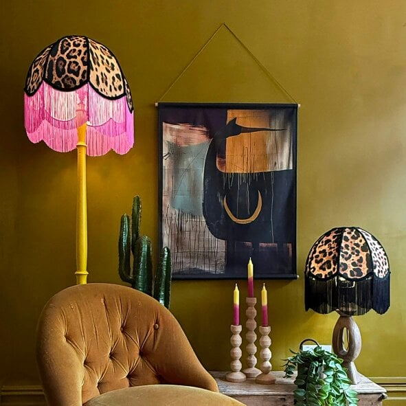 Love Frankie Pixie - Vintage Fringed Dome Lampshade in Leopardess with Pink Fringe