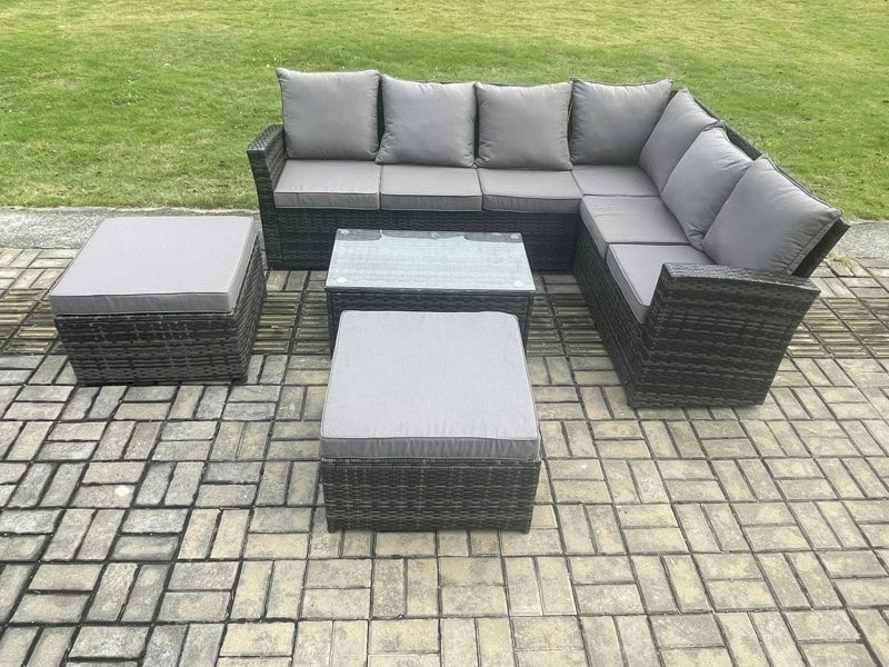 Fimous Wicker PE Outdoor Garden Furniture Set High Back Rattan Corner Sofa Set with Rectangular Coffee Table 2 Big Footstool