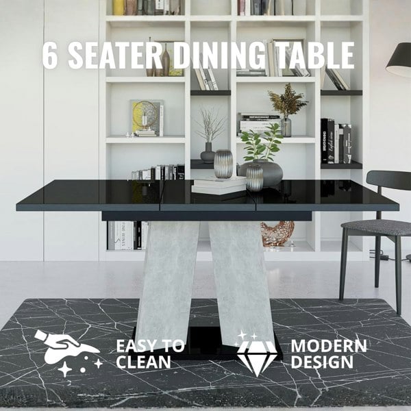 PHD Furniture Modern Extendable Dining Table 120-160x90 MUFO Black Gloss Concrete Effect