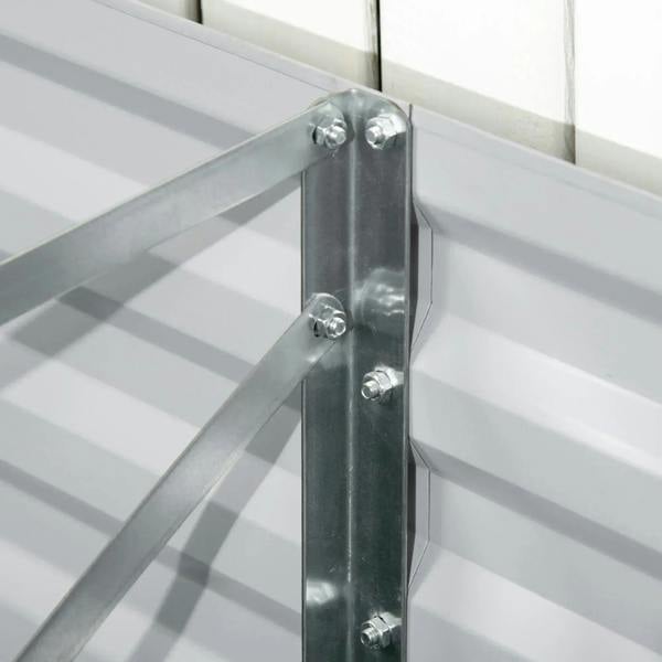 Light grey galvanized steel raised bed corner bracket with multiple bolts and support braces