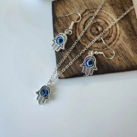 The Colourful Aura Hamsa Evil Eye Fatima Hand Dangle Drop Necklace and Earrings