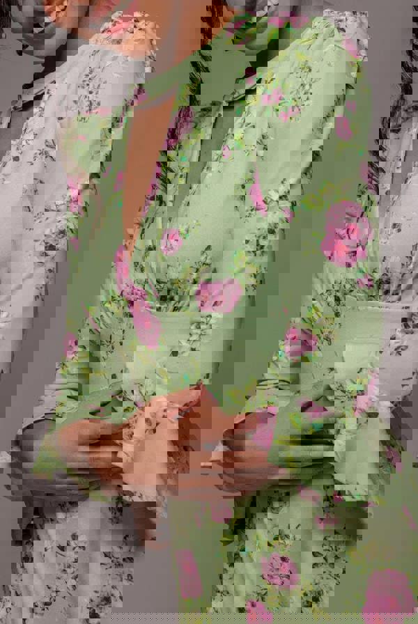 Floral Printed Flared Sleeve Midi - Sage Green DR4345