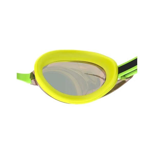 Speedo Vanquisher 3.0 mirrored swim goggle in neon yellow and green silicone with clear lenses