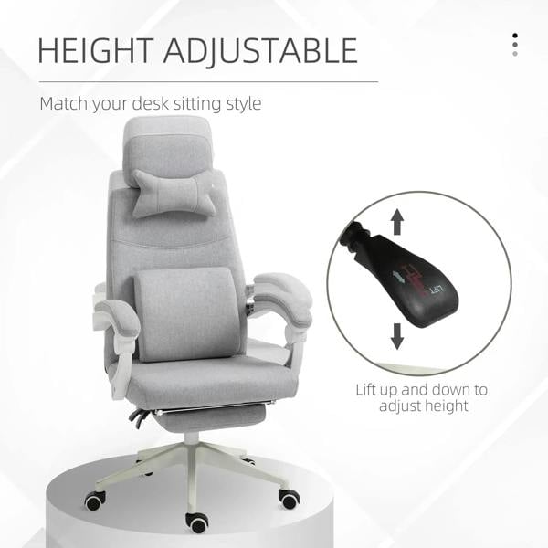 Light grey fabric high-back office chair with headrest pillow, adjustable height base, armrests