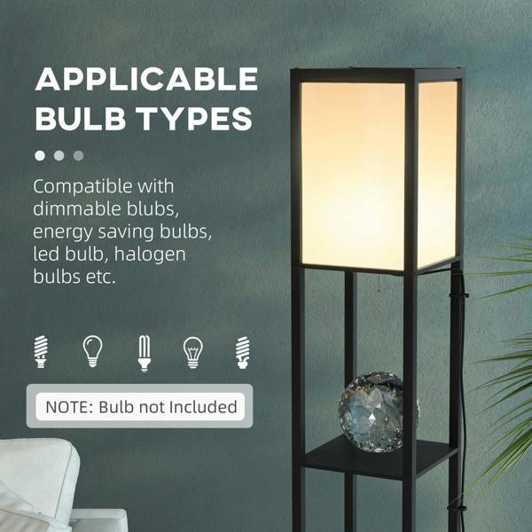 Black column floor lamp with two glowing shades, compatible with multiple bulb types