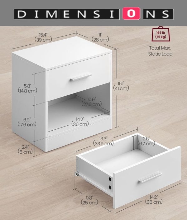 Modcraft Set of Two White Bedside Table with Drawer – Modern Nightstand for Bedroom or Living Room