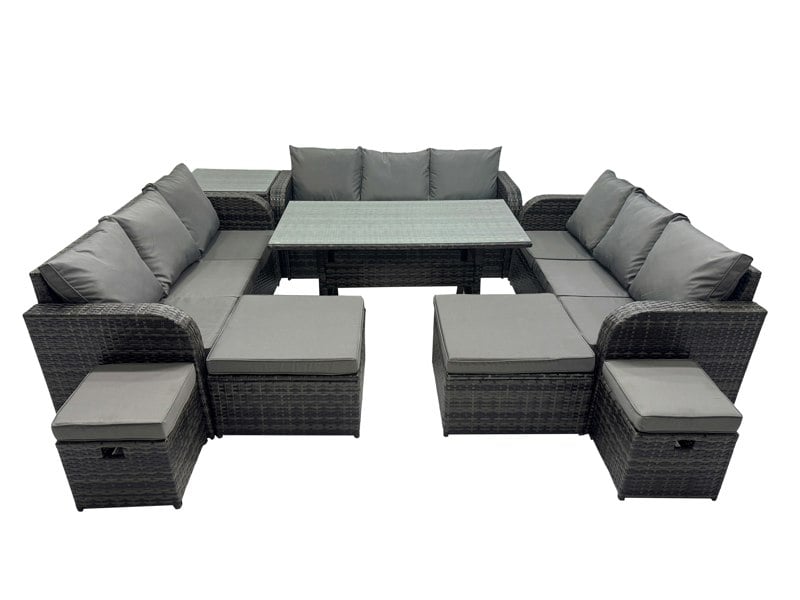 Fimous 13 Seater Garden Outdoor Rattan Furniture Set Rattan Sofa Oblong Dining Table with Side Table 4 Footstools Dark Grey
