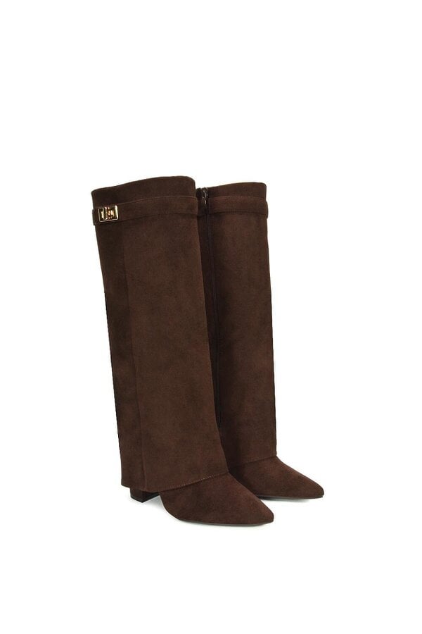 XY LONDON Block Heel Knee High Foldover Boots With Pointed Toe