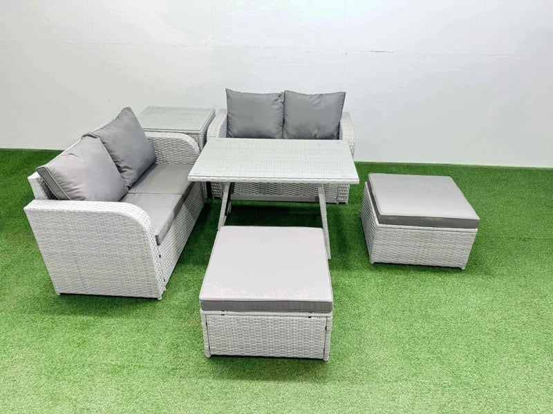 Fimous 6 Seater Outdoor Love Sofa Set Rattan Garden Furniture Set with Rectangular Dining Table Side Table 2 Big Footstool Light Grey