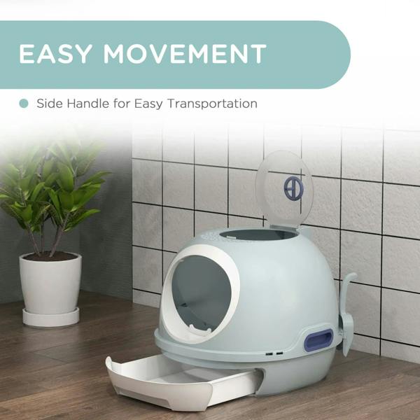Blue enclosed cat litter box with circular entry opening and side handle for carrying