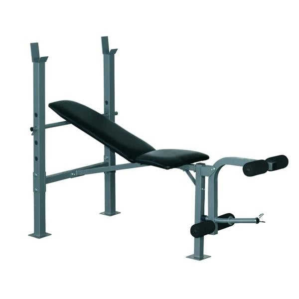 Black adjustable weight bench with barbell rack, padded incline seat and support arms