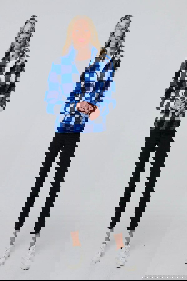 Blue | Checked Print Teddy Fur Zip Front Jacket
