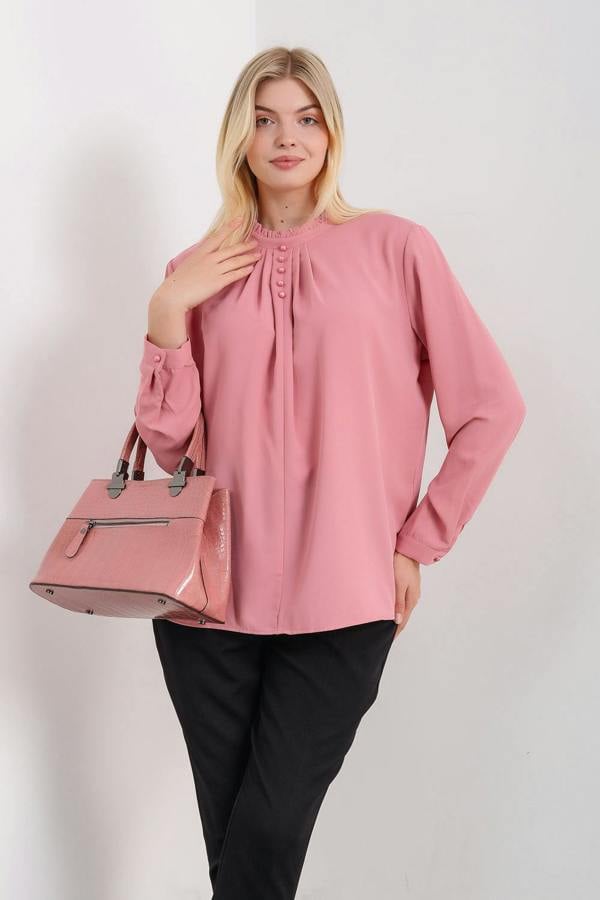 Hoxton Gal Oversized Ruffle Neck Top with Long Sleeves in Pink