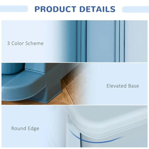 Blue 3-tier plastic storage unit showing rounded edges and elevated base