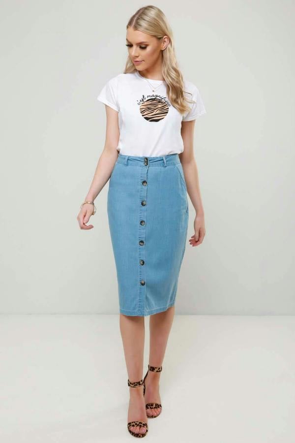 Urban Bliss Bali Pale Blue Button Through Denim Chambray Midi Skirt