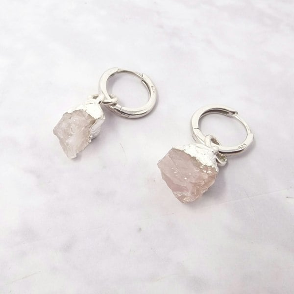 Raw Rose Quartz Sterling Silver Round Huggies