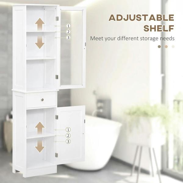 White bathroom cabinet with adjustable interior shelves and pull drawer below