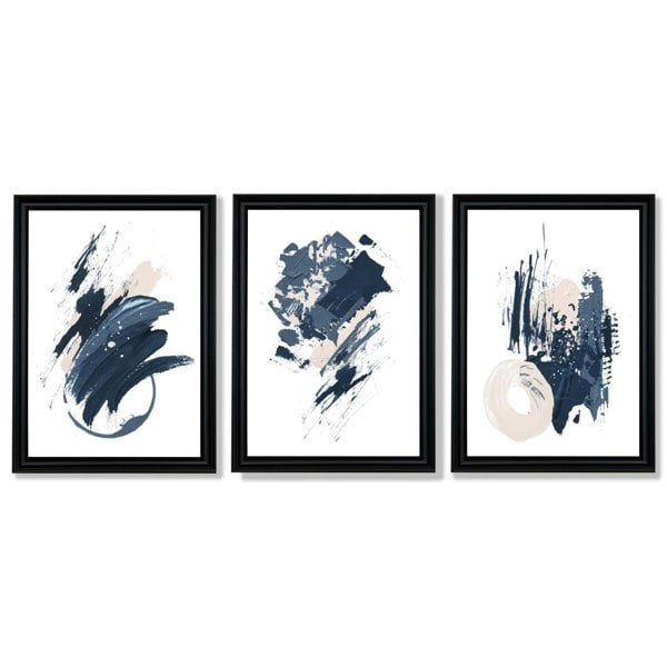 Abstract Set of 3 Minimal Blue Oil Painting Framed Art Prints with Vermeer Black Frames