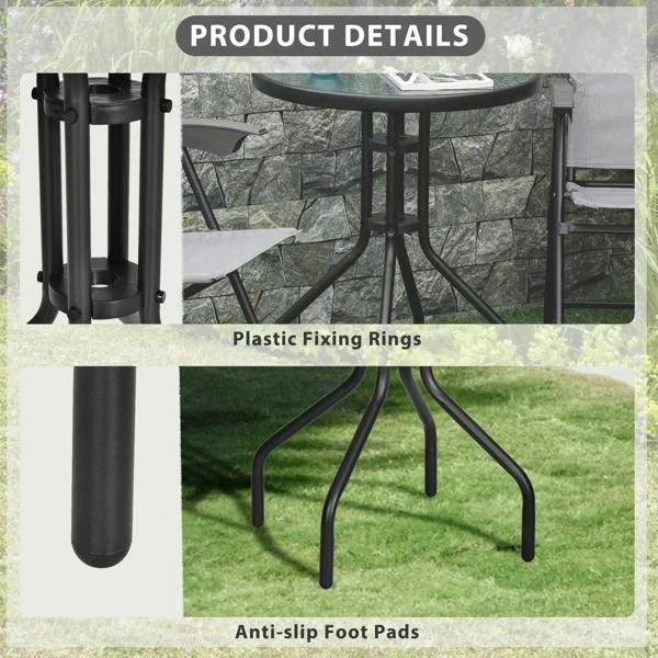 Black round bistro table showing fixing rings and anti-slip foot pads on metal tripod base.