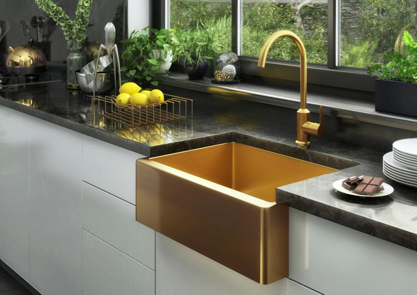 Flode Möckeln | 600x450x220mm | 1.0 Bowl Stainlees Steel Belfast Style Sink | Strainer Waste Supplied | Gold Finish