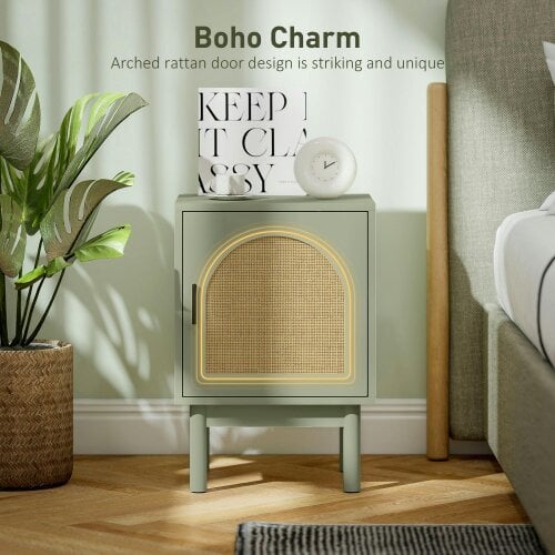 Wyld Haus Yotomo Sake Light Green Rattan Bedside Table With Natural Woven Detail