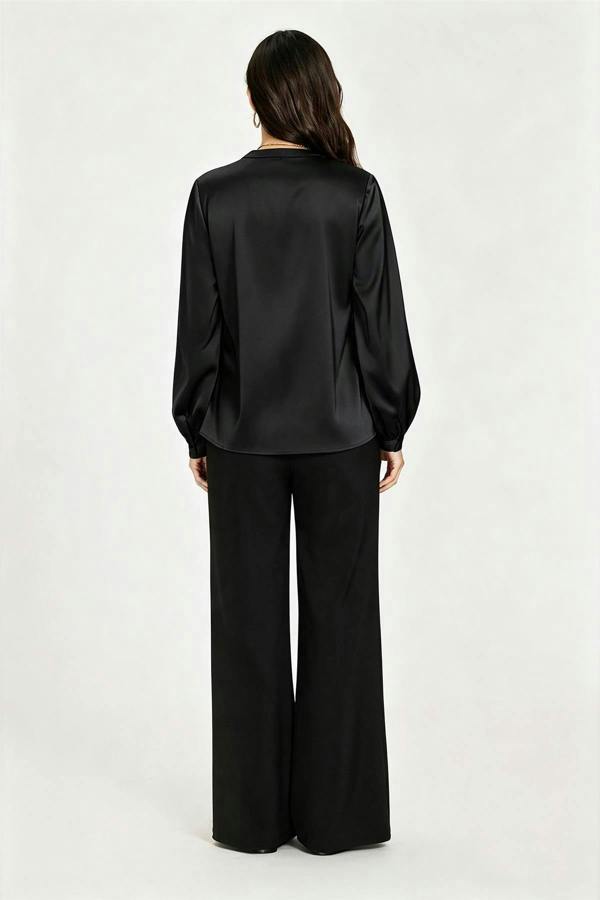 FS Collection Long Sleeve Satin Blouse Top In Black
