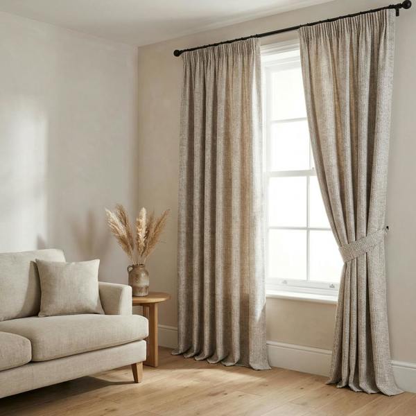 Faro made-to-measure curtains in Chamois, styled in a living room